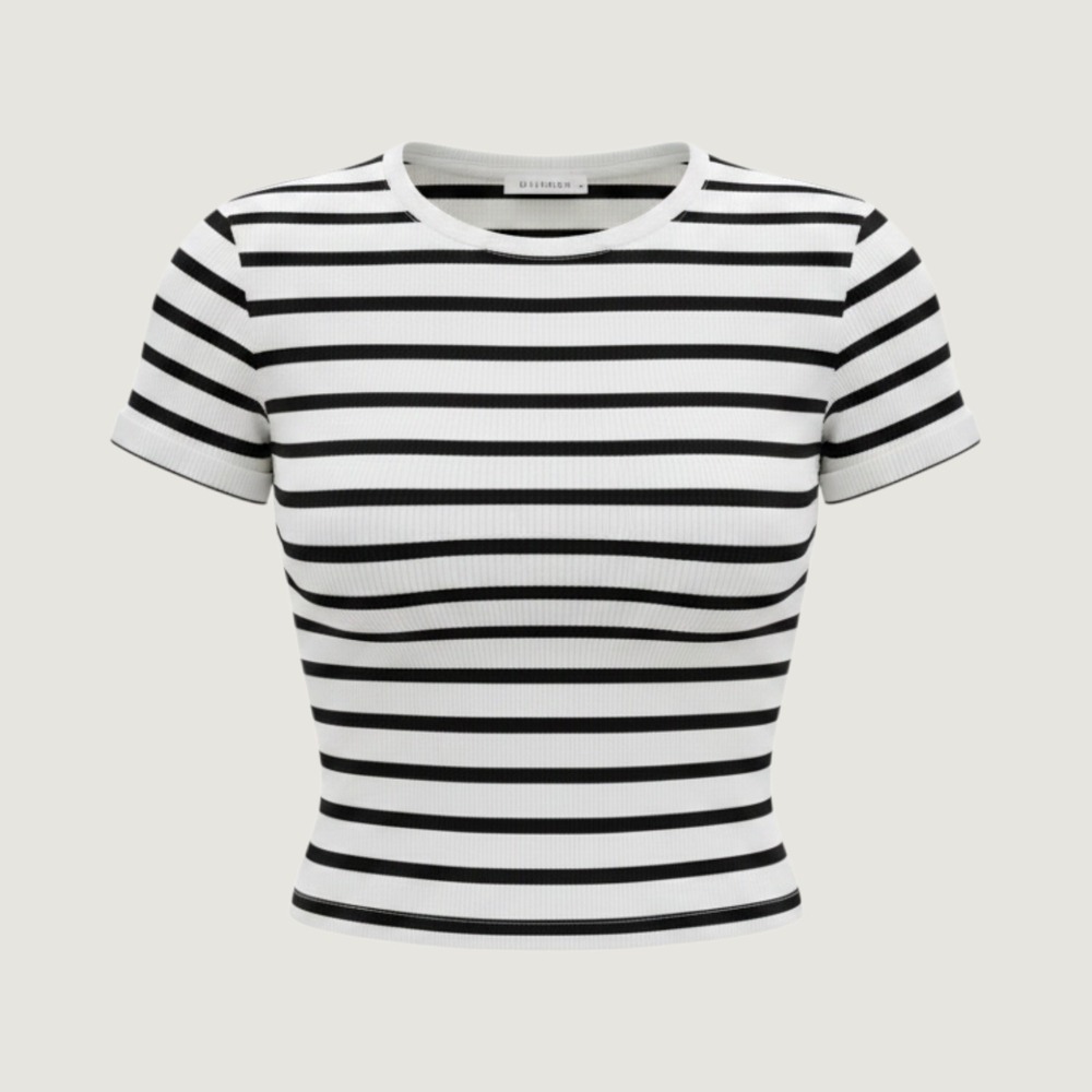 H&M Divided Womens Black White Striped Ribbed Short Sleeve Basic Tee Size M